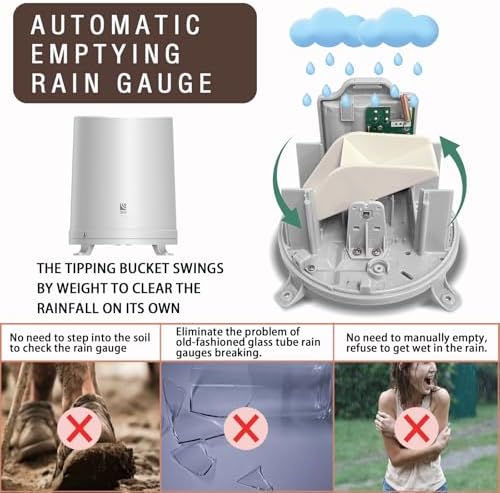 Wireless Rain Gauge Outdoor with Thermometer, Digital Rain Gauges Outdoors Best Rated with Self-Emptying & Freeze Proof, Accurate Remote Rain Measure Gauge, Automatic Outside Rain Gauge for Yard