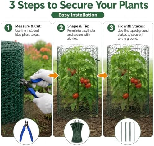 Plant Protectors from Animals, 0.85mm Free-Cut Green Chicken Wire Mesh, PVC Coated Tree Trunk Guard & Garden Fence for Outdoor Plants with Zip Ties, Stakes, Pliers, Gloves (49.2Ft*16In(16x 590 Inch))