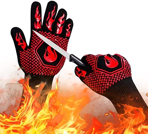 BBQ Gloves 1472F Heat Resistant Non-Slip Silicone 13.8in (Red)