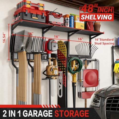 Garage Wall Organizer with Storage Shelves, 48" Garden Tool Organizer with Shelving Units and Hooks Hangers, Heavy Duty Metal Shelf with Shovel Rake Holder, Garage Organization Rack for Yard Shed Lawn
