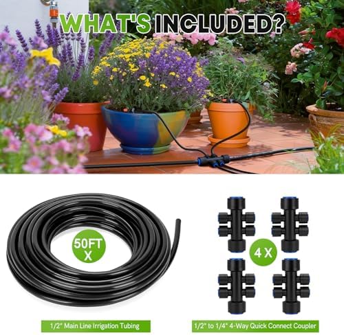 50FT 1/2"(OD) Drip Irrigation Tubing with 4 Fittings