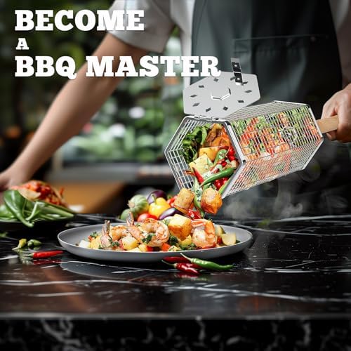 ivtivfu Rolling Grill Baskets, Removable Wooden Handle, Nesting BBQ Tools