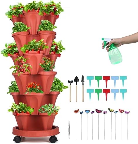 GameXcel Vertical Planter Tower - 6 Tier Stackable Garden Planters with Wheels and Garden Tool Set Plant Pots for Strawberry Herb Flower and Vegetable Indoor Outdoor Use Red