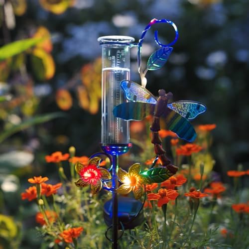 Stargarden Rain Gauge Outdoor, Metal Dragonfly Rain Gauge with 5 inch Glass Tube