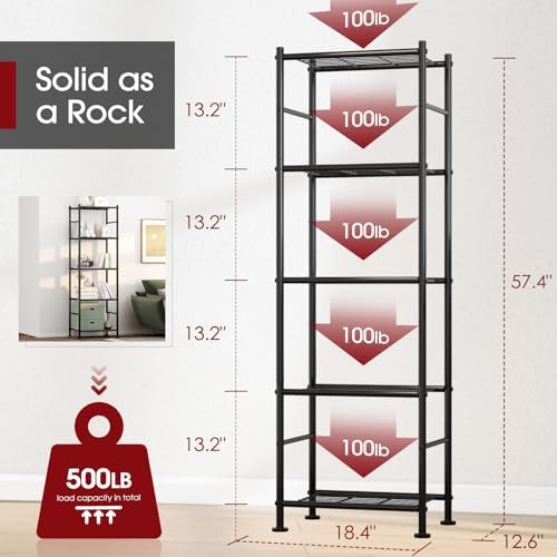 Sakugi Storage Shelves - 5 Tier Shelf Organizer, Heavy Duty Garage Shelving Unit with Leveling Feet, Stable Metal Shelves Organizer for Pantry, Kitchen and Closet, 18.4" W x 12.6" D x 57.4" H, Black