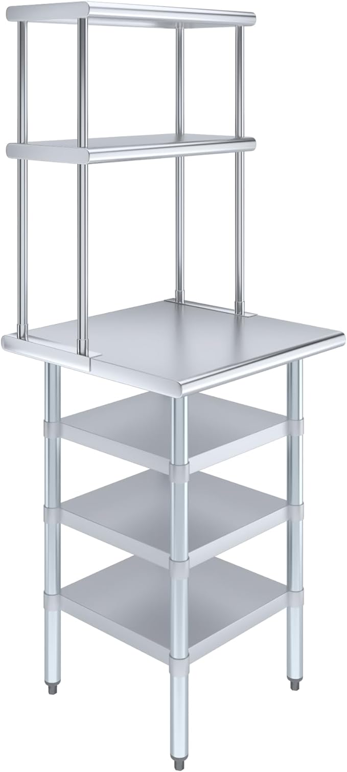 Amgood 24" x 24" Stainless Steel Work Table with 3 Shelves and 12" Wide Double Tier Overshelf | Metal Kitchen Prep Table & Shelving Combo | NSF