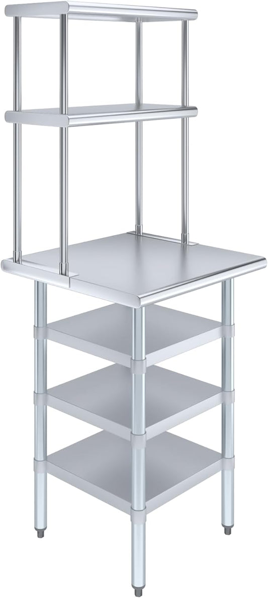 Amgood 24" x 24" Stainless Steel Work Table with 3 Shelves and 12" Wide Double Tier Overshelf | Metal Kitchen Prep Table & Shelving Combo | NSF
