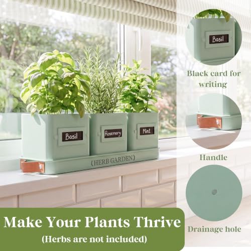PERFNIQUE Indoor Herb Garden, Herb Planter Set with Tray, Farmhouse Indoor Plant Pots, Windowsill Herb Garden with Drainage(Planter only) for Indoor/Outdoor, Window Pots (Mint)