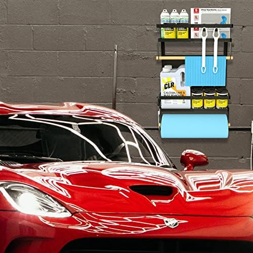 Magnetic Paper Towel Holder with Multi-Layer Storage Shelf, Stable Magnetic Organizer for Refrigerator, Garage Tool Cabinet and RV, Wall Mount Spice Rack and Paper Roll Hanger (Large- Black)