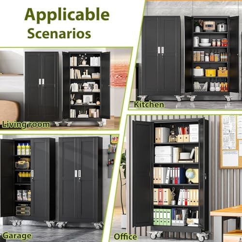 71-Inch Metal Garage Storage Cabinet with Wheels, Locking Doors and Shelves