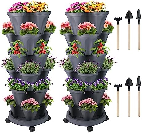 GameXcel Vertical Planter Tower - 6 Tier Stackable Garden Planters with Wheels and Tools Plant Pots for Strawberry Herb Flower and Vegetable Indoor Outdoor Use Dark Gray 2 Pack