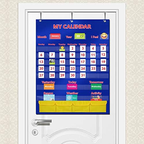 SpriteGru Calendar and Weather Pocket Chart with 148 Cards,(108 Illustrated Activity Cards, 40 Dry Erasable Flash Cards and 3 Hooks 28"x35.5"),Alphabets, Blue