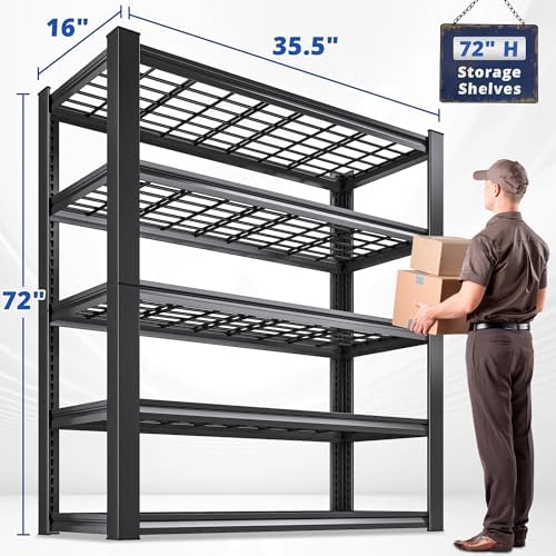 REIBII 2-Pack Commercial Heavy Duty Shelving, 3010 LBS Capacity per Shelf 72" H Industrial Storage Rack, 5-Tier Adjustable Boltless Rivet Metal Shelving Unit for Warehouse Garage Workshop Retail Store