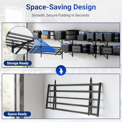 FLEXIMOUNTS Fold-Down 2-Pack 2x4ft Garage Wall Shelving, 600lbs Load, Black