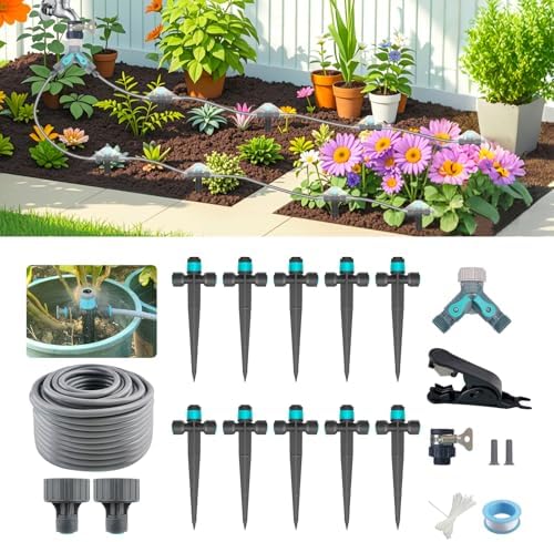 Drip Irrigation System, Automatic Drip Irrigation Kit for Potted Plants, 33ft Quick Connector Garden Watering System with 6mm Irrigation Tubing Hose Adjustable Emitters