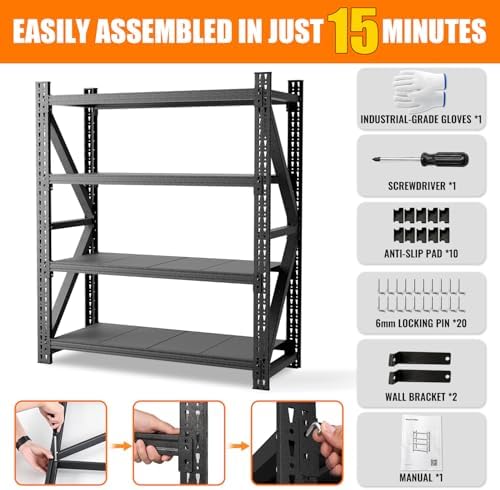 4000LBS 4 Tier Garage Storage Shelves, Heavy Duty Adjustable Storage Rack for Warehouse, Basement, Shop and Office, Commercial-Grade Steel Organizer, 59" W x 24" D x 69" H