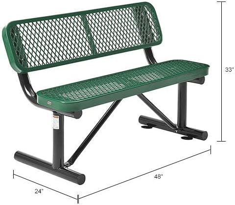 Global Industrial 4'L Heavy Duty Expanded Metal Mesh Bench with Backrest with Steel Frame, Portable Outdoor Bench, 1000 lbs Capacity, Green, 48" L x 24" W x 33" H