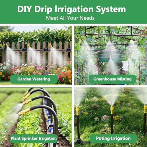 100FT Drip Irrigation System, 1/4 Inch Hose with 360° Adjustable Copper Nozzles – Garden Watering Kit for Lawn, Raised Beds, Greenhouse & Yard