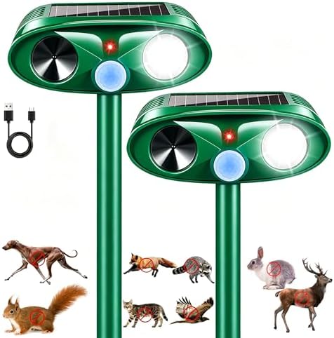 2 Pack Upgraded Sonic Fortress Pro Deer Repellent Cat Deterrent Solar Ultrasonic Animal Repellent Outdoor with Motion Sensor Strobe Light for Skunk Rabbit Raccoon Squirrel Fortress Pro for Yard Garden