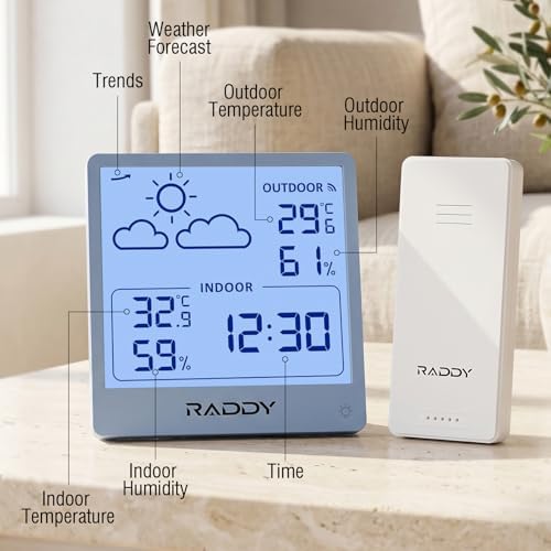 Raddy WF-50T Wireless Weather Station, Grayish Blue Frame