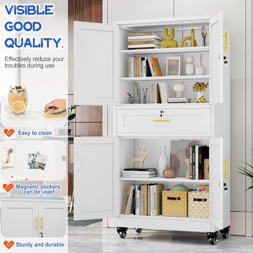 GAIOUS Metal Garage Storage Cabinet with Wheels and Drawer, Steel File Cabinet for Home Office, 74'' Tall Tool Cabinet with 4 Locking Doors and 3 Adjustable Shelves, Rolling Cabinet for Garage - White