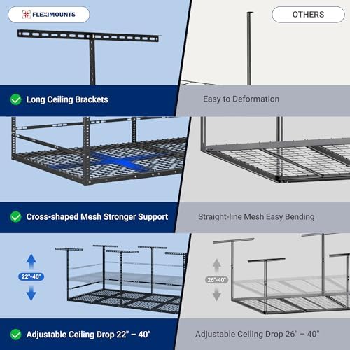 FLEXIMOUNTS 4x8ft Overhead Garage Storage Rack with Safety Rails, Black