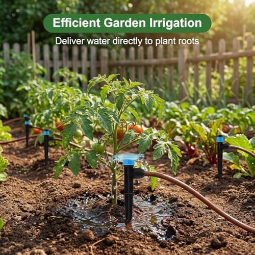 30 PCS Drip Irrigation Emitters with Stakes, 1/4 in Push-to-Connect Drippers, Adjustable 360° Water Output for Garden and Plant Watering(Color:Bule)