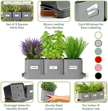 volila Herb Planter Indoor - Set of 3 Grey Indoor Herb Garden Pots for Plants with Leather Handled Tray - Window Sill Plant Shelf - Herb Pots with Drainage Holes and Labels