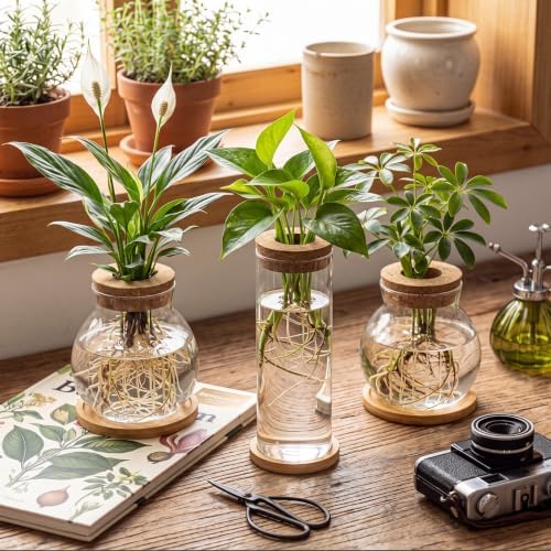 Honeydak 6 Pcs Plants Propagation Stations with Wooden Lid and Bamboo Stand