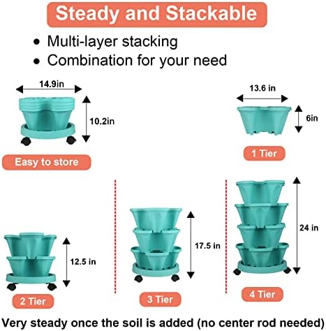 GameXcel Vertical Planter Tower - 4 Tier Stackable Garden Planters with Wheels and Tools Plant Pots for Strawberry Herb Flower and Vegetable Indoor Outdoor Use Teal 2 Pack