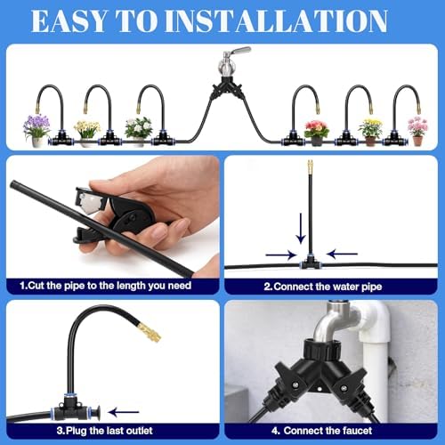 60FT Drip Irrigation Kit, 6mm Hose with Dual Outlet Splitter with Independent Valves & 15 360° Adjustable Brass Nozzles & 18 Snap-On Tees, DIY Automatic Watering for Greenhouse, Raised Beds, Garden