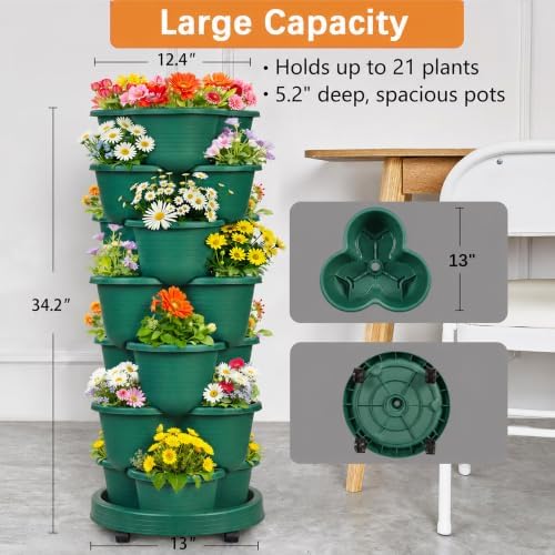 VECELO 7 Tier Vertical Garden Planter, Self Watering Stackable Planters with Wheels for Strawberries, Herbs, Flowers, Vegetables, Dark Green