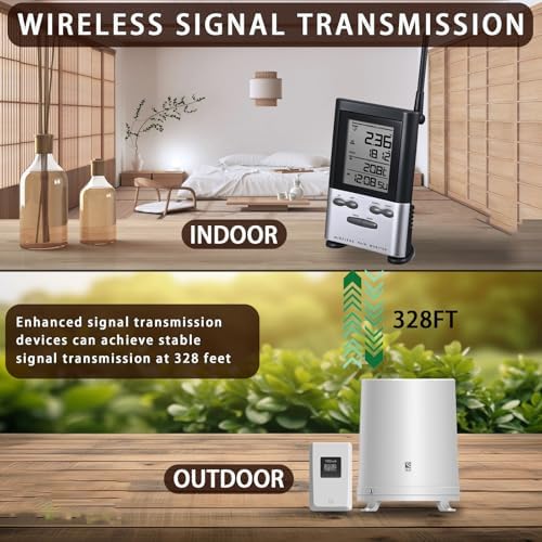Wireless Rain Gauge Outdoor with Thermometer, Digital Rain Gauges Outdoors Best Rated with Self-Emptying & Freeze Proof, Accurate Remote Rain Measure Gauge, Automatic Outside Rain Gauge for Yard