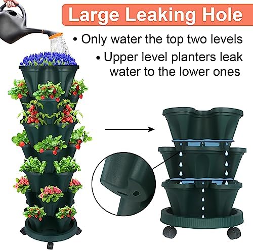 DUNCHATY Stackable Planter, Vertical Garden Planter with Wheels and Tools, Self Watering Strawberry Planter Indoor/Outdoor 7 Tier Herb Planter Pots for Growing Vegetables and Succulents,Pine Green