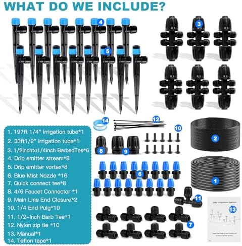 Garden Drip Irrigation System - 230FT Quick-Connect Automatic Watering Misting System Kit with 1/2" & 1/4" Tubing, Adjustable Spray Nozzles & Sprinklers for Lawn, Plant Bed, Greenhouse, DIY Irrigation