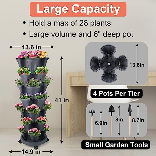 GameXcel Vertical Planter Tower - 7 Tier Stackable Garden Planters with Wheels and Tools Plant Pots for Strawberry Herb Flower and Vegetable Indoor Outdoor Use Dark Gray