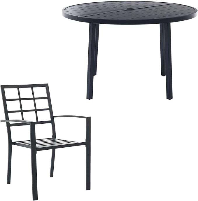 7 Piece Outdoor Dining Set, Patio Dining Set for 6, 47" Black Round Table with 6 Armrest Black Metal Outdoor Dining Chairs for Lawn, Garden, or Porch