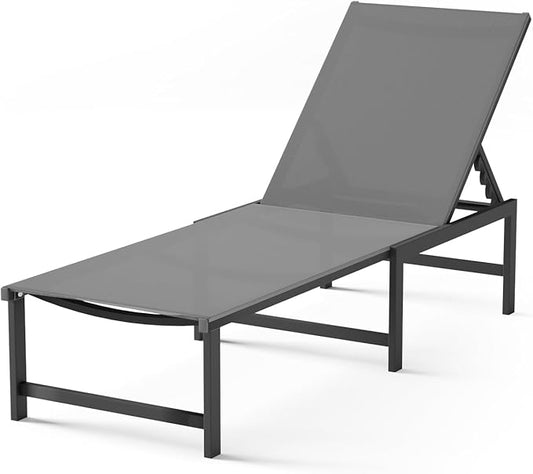 Chaise Lounge Chair Outdoor, Aluminum Patio Chairs with 5 Adjustable Backrest and Headrest Pillows for Outside Beach, Gray