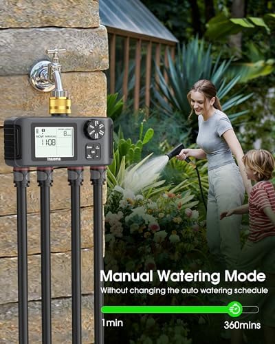 Insoma 4 Zones Sprinkler Timer with Brass Inlet & Outlet, Water Timer for Garden Hose with Auto/Manual/Rain Delay Mode, Hose Timers for Irrigation Watering System for Yard, Lawn, Plant Watering