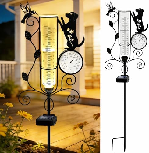 YJFWAL Metal Dog Solar Rain Gauge Outdoor with LED Light and Thermometer