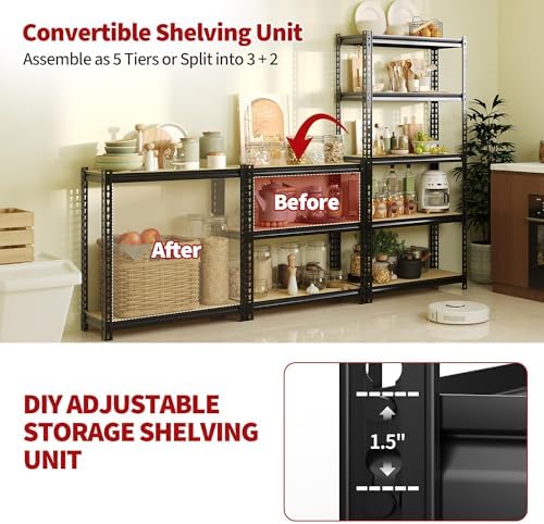 Heavy Duty Garage Storage Shelves 2 Pack, 2000 Lbs Capacity, 5-Tier Adjustable Storage Shelving Unit, 30"L x 12" W x 60"H Metal Shelving Racks for Kitchen Pantry Basement Bathroom Laundry