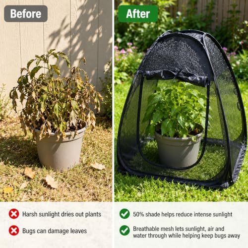 2PCS Pop up Plant Shade Tents（28 x 28 x 32 in-50% Shade Mesh Plant Cover with 16 U-Shaped Stakes for Outdoor Plants, Pop up Gardening Net Cover with Zipper Door, Guard Cover for Potted Plants