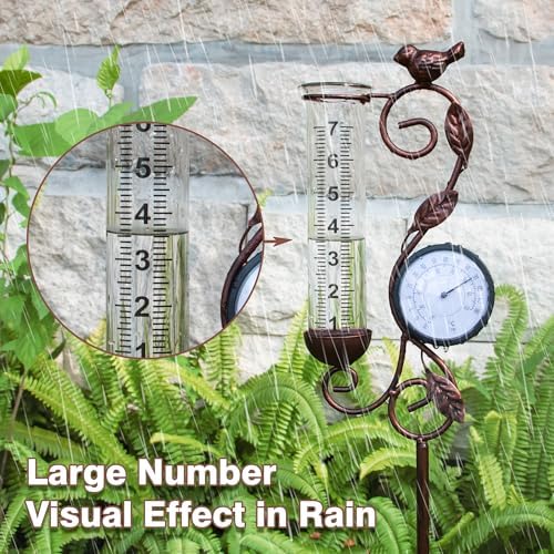32" Garden Rain Gauge with Thermometer - 7" Glass Tube for Outdoor Indoor Use, Patio Yard Decor Statue