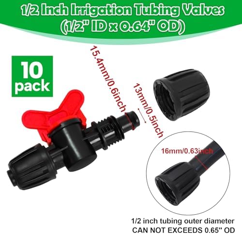10 Pack 1/2 Inch Drip Irrigation Valve Fittings (1/2" ID x 0.65" OD) - 1/2'' Drip In-Line Shut Off Valve Anti-Drop Barbed Lock Nut Flow Control Valve Connectors for 1/2 Inch Drip Tubing