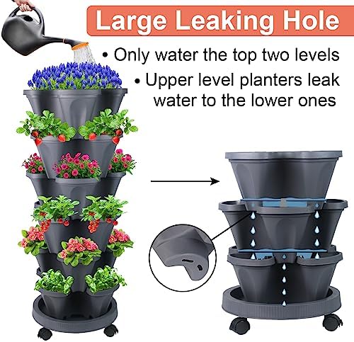 GameXcel Vertical Planter Tower - 6 Tier Stackable Garden Planters with Wheels and Tools Plant Pots for Strawberry Herb Flower and Vegetable Indoor Outdoor Use Dark Gray 2 Pack