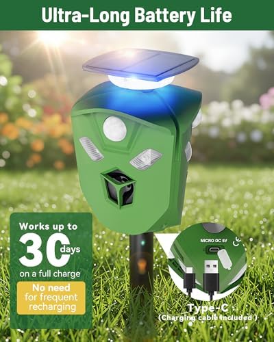 360° Solar Deer Repellent Device for Yard & Garden – No Blind Spot Motion Sensor to Keep Deer, Raccoons & Cats Away, Waterproof Ultrasonic & Flashing Light Outdoor Animal Repellent