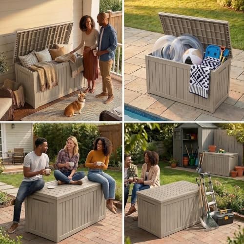 270 Gallon Lockable Resin Outdoor Storage Box, Waterproof & Weather Resistant Deck Box for Patio Cushion, Garden Tools & Pool Accessories, Gray New