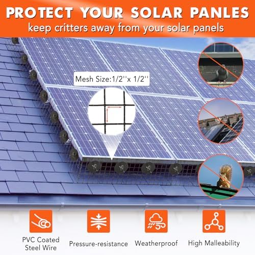 8in x 100ft Solar Panel Bird & Critter Guard Kit, Includes 70 Fastener Clips, 100 Cable Ties, Gloves, Pliers & PVC Coated Wire Mesh for Bird, Critters Control