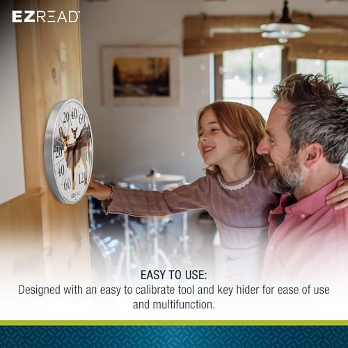 EZREAD Hanging Dial Thermometer 840-1226 Weather Thermometers for Indoor and Outdoor Use, Large 12.5 Inch Diameter, Easy to Read Numbers, Deer