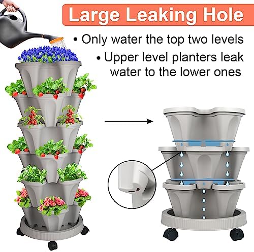GameXcel Vertical Planter Tower - 6 Tier Stackable Garden Planters with Wheels and Tools Plant Pots for Strawberry Herb Flower and Vegetable Indoor Outdoor Use Gray 2 Pack